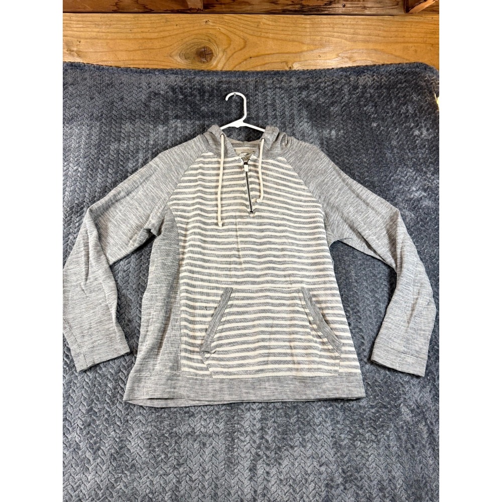 Native Code Hoodie Mens Medium Gray White Striped Cotton Quarter Zip Pullover